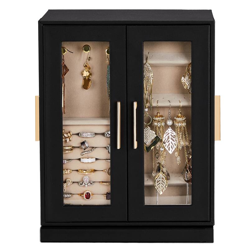 360° Rotating Jewelry Box with 5 Drawers - Black Cabinet & Pink Velvet Interior - Multi