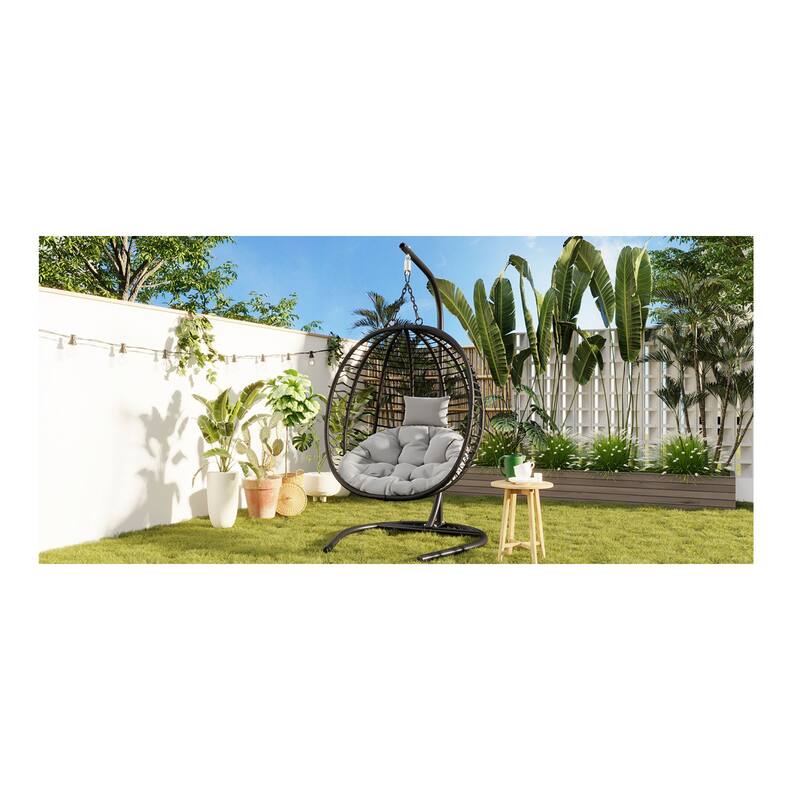 Roomfitters Single Person Folding Egg Chair with Stand, UV Resistant Wicker Rattan Swing for Patio, Garden