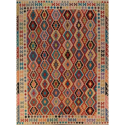 Geometric Kilim Area Rug Hand-Woven Orange Tribal Wool Carpet - 8'10"x 12'0"