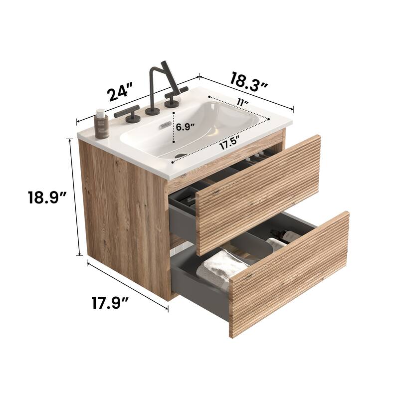 24" Wall-Mounted Bathroom Vanity with Integrated Ceramic Sink & Overflow, Large Storage Floating Vanity