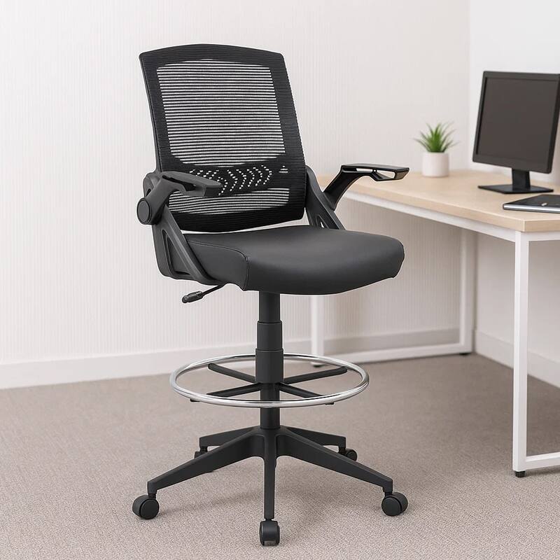 Drafting Stool Chair, Flip-Up Arms, Black Linear Mesh, Chrome Footring