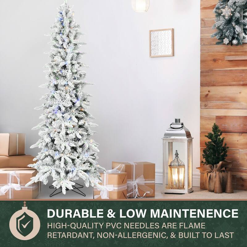 Fraser Hill Farm 6.5-Ft Slim Mountain Pine Flocked Artificial Christmas Tree with Dual Multicolor & Warm White LED Lights