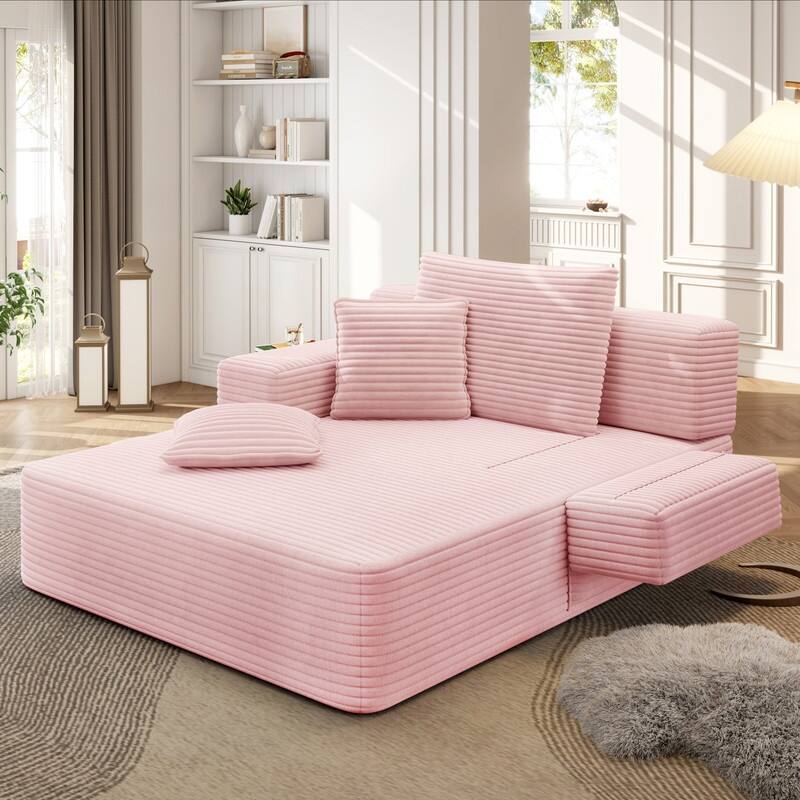 Luxurious Plush Corduroy Chaise Lounge Convertible Sofa Bed with Storage Pocket and Wide Armrests
