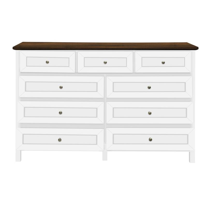 55.04" Farmhouse 9-Drawer Wood Storage Dresser with Silver Handle