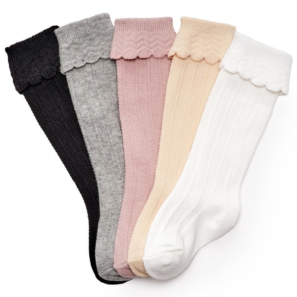 slide 2 of 6, CozyWay Toddler Ruffled Knee High Socks, Neutral Pastels, 5 pair