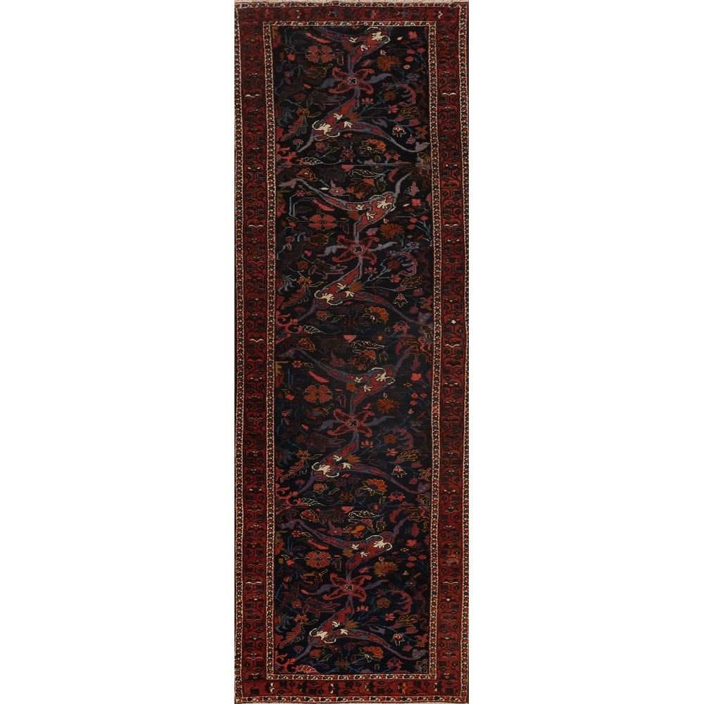 Hand Knotted Oriental 100% Wool Carpet Traditional Floral Navy Blue & Blues Bakhtiari Runner Rug - 13' 1'' X 3' 3''