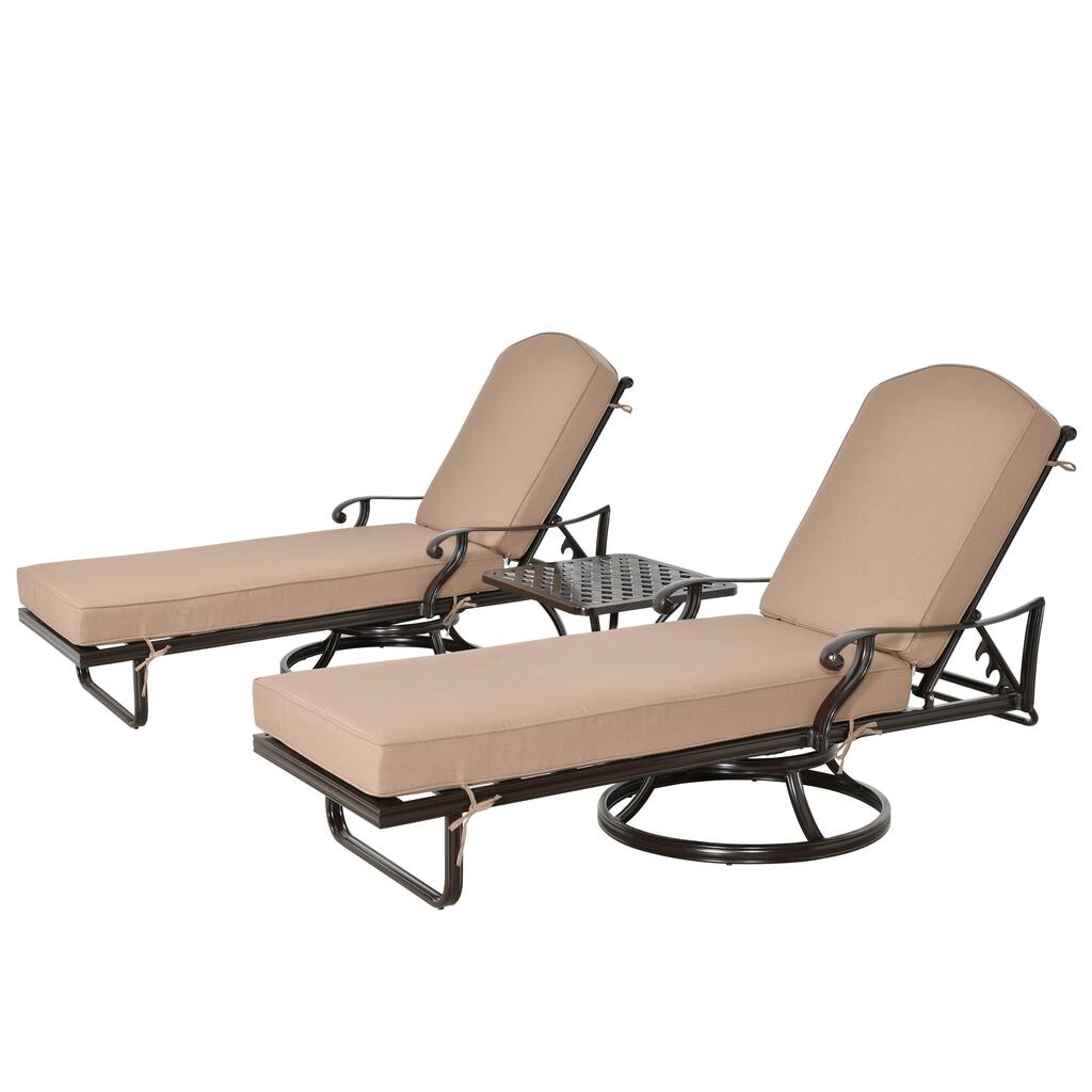 Savannah Patio Motion Swivel Chaise Lounges with Cushions and Side Table Set of 3 - N/A