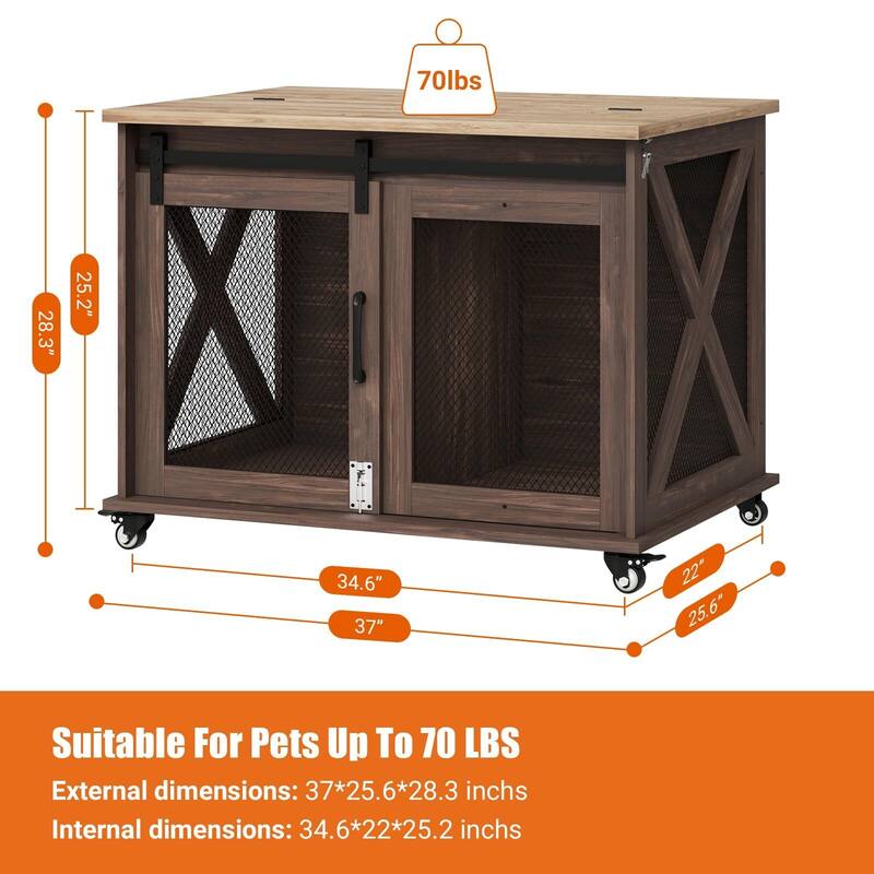 Dog Crate Furniture with Sliding Barn Door,Flip Top Furniture Style Dog Crate End Table with Wheels