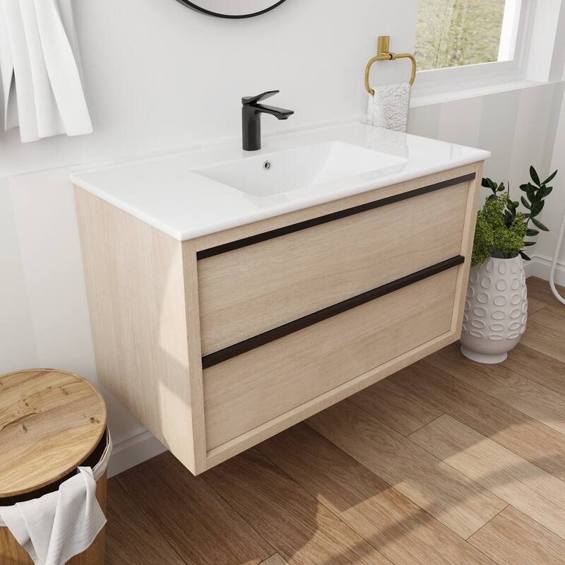 Wall-Mounted Plywood Bathroom Vanity Set in Plain Light Oak with Integrated Sink