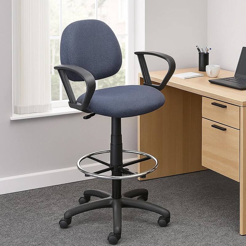 Jea Drafting Stool Chair, Loop Arms, Blue Tweed, Round Footring