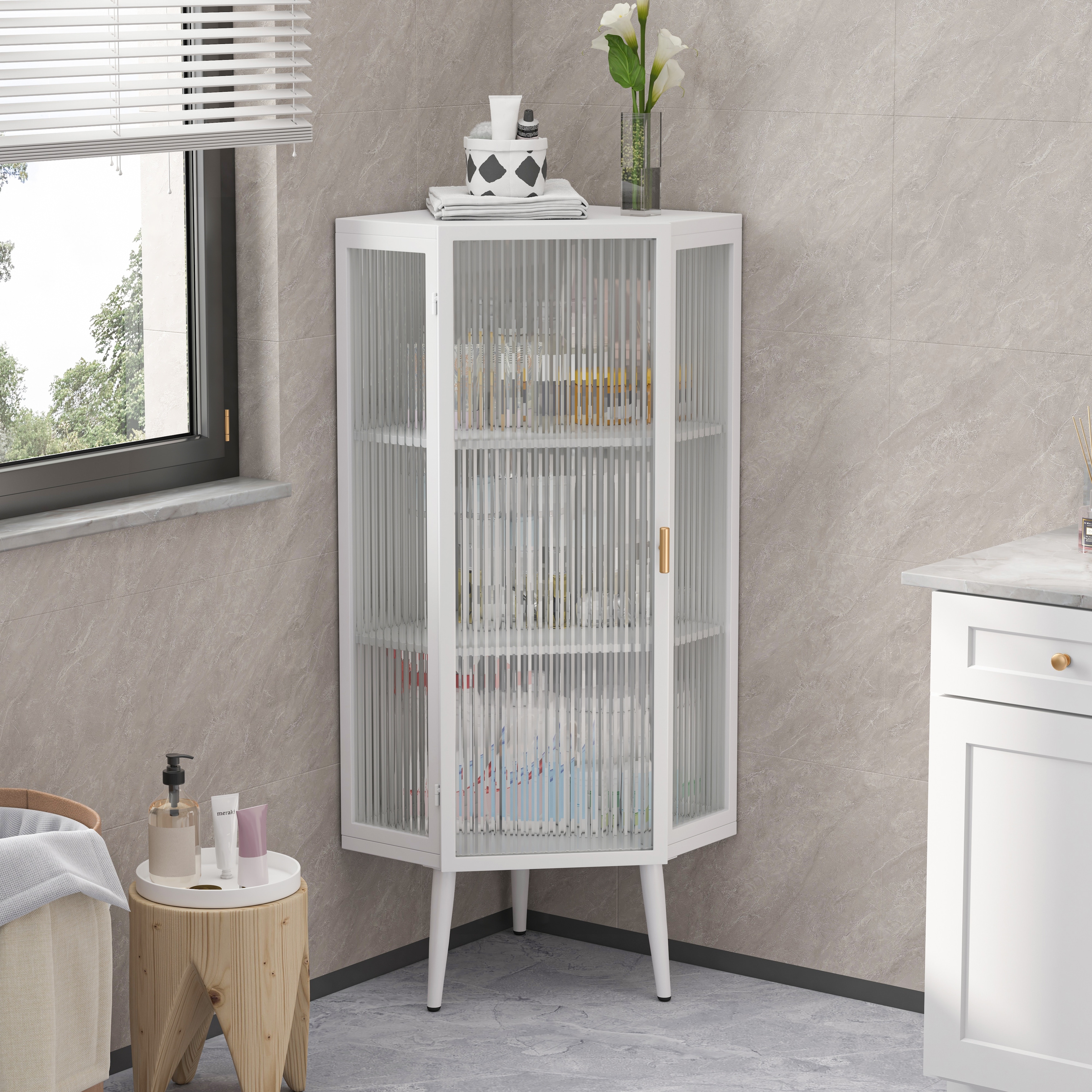 22.25" Floor Coner Cabinet, Three Tiers with Tempered Glass Doors and Storage Shelves for Bathroom, Living Room (White)