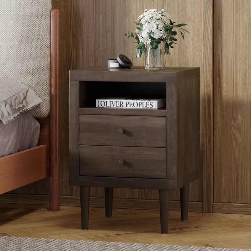 Roomfitters Modern Nightstand with Open Shelf and 2 Drawers, End Table Side Table for Bedroom or Living Room