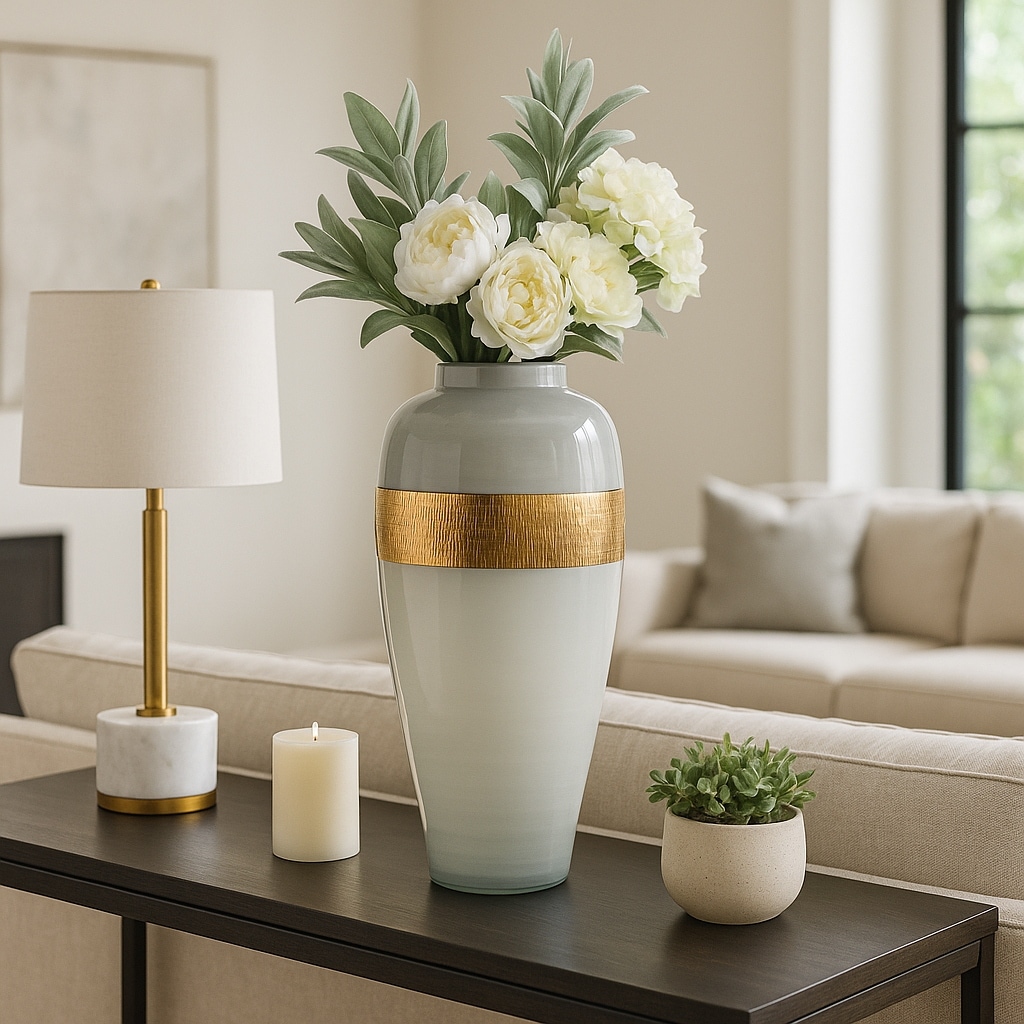 Decorative Vase - White Glass Ginger Brass Band, 21 in.