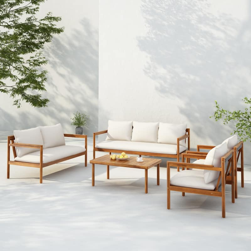 Christopher Knight Home- Elk Acacia Wood Outdoor Chat Set - 5 Piece - Teak+Cream