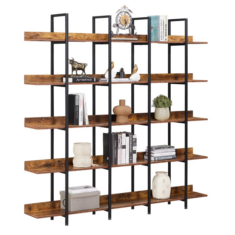5 Tier Bookcase Home Office Open Bookshelf, Vintage Industrial Style Shelf, MDF Board, Black Metal Frame
