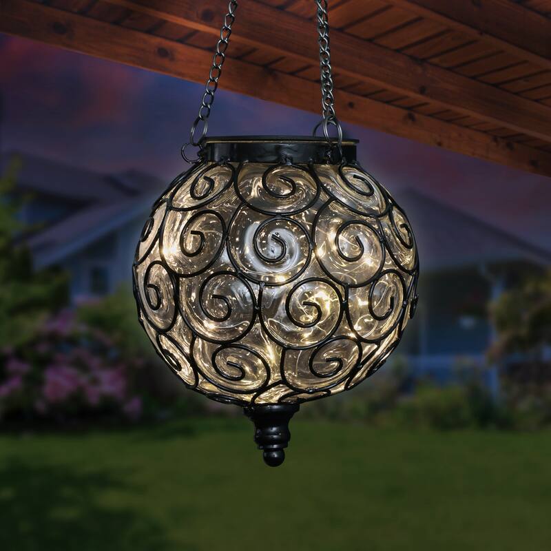 Exhart Solar Round Glass and Metal Hanging Lantern with 15 LED Fairy Firefly String Lights, 7 by 21 Inches - Clear