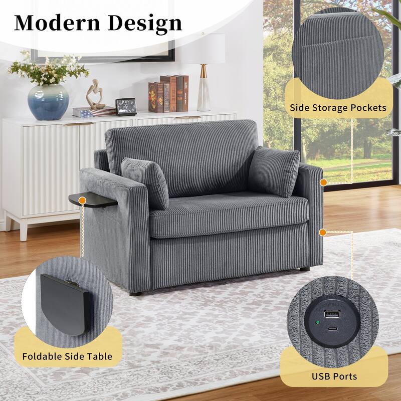 47.2" Corduroy Twin Sleeper Sofa with Foldable Mattress, Side Table, USB Ports, and Storage Pocket