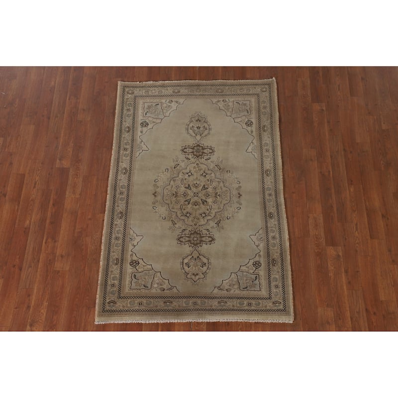 Geometric Tabriz Persian Vintage Rug Hand-Knotted Beige Wool Carpet - 3'6"x 5'3"