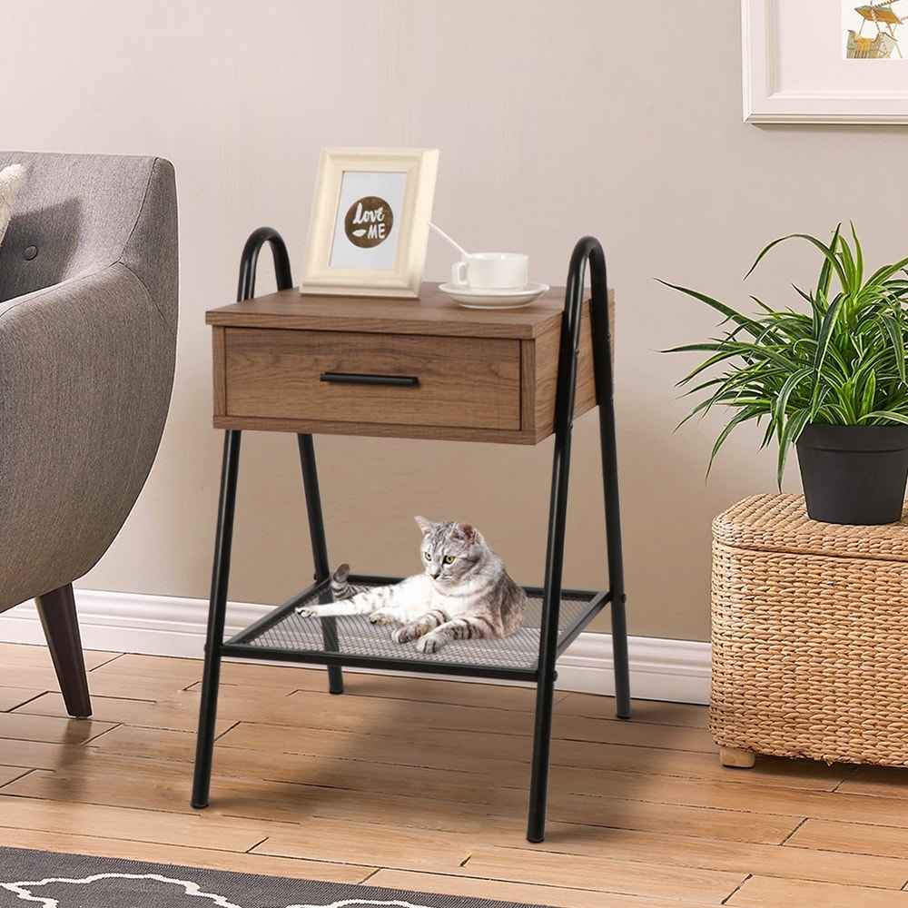 oak and metal nightstand