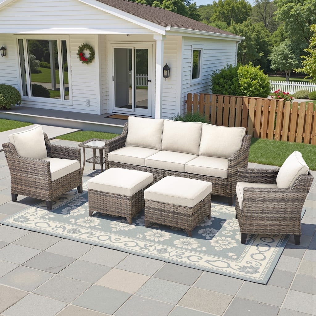 Glissia 6-Piece Gray Wicker Patio Seating Set with Cushions and Ottomans