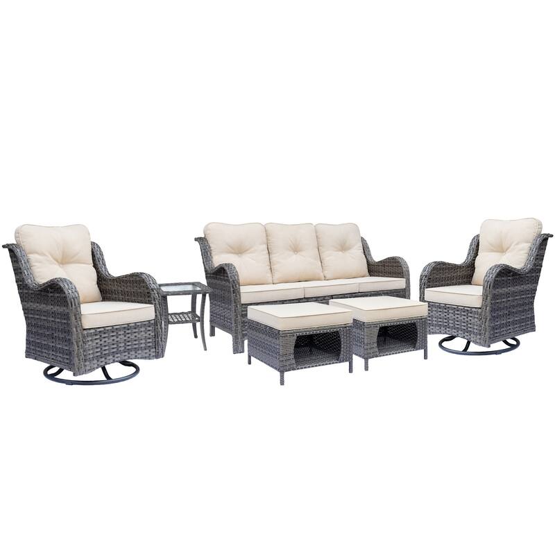 6 Piece Outdoor Wicker Patio Conversation Sofa Sets with Swivel Chairs