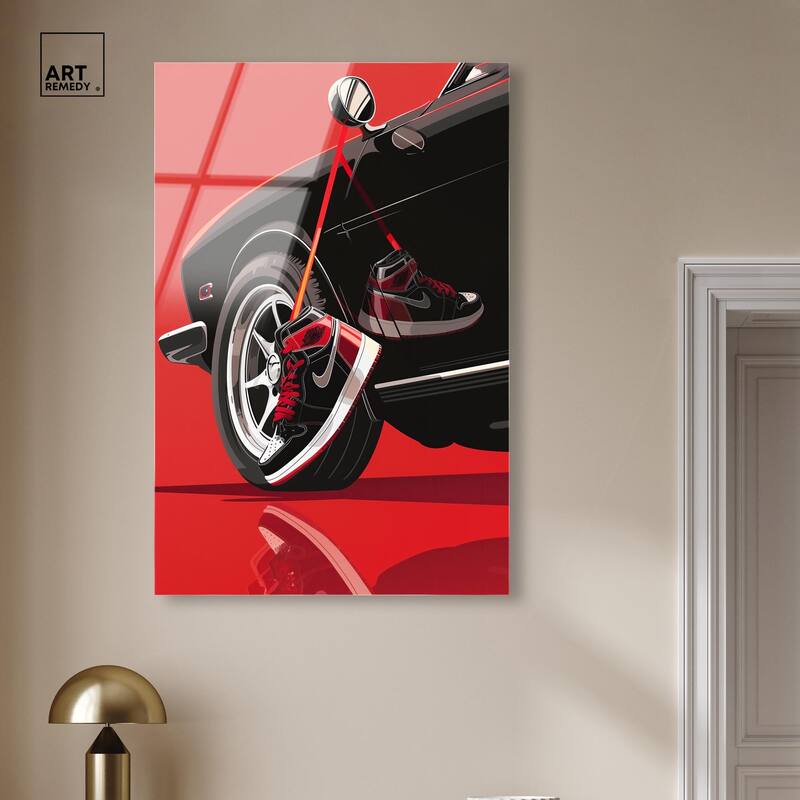 Red Bold Sneaker and Car Acrylic by Art Remedy, Ready to Hang