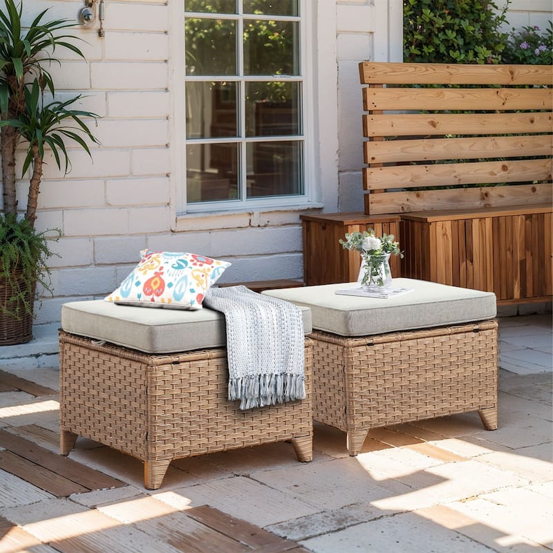 Outdoor Patio Footstool Ottomans with Cushion Yellow-Beige - Yellow