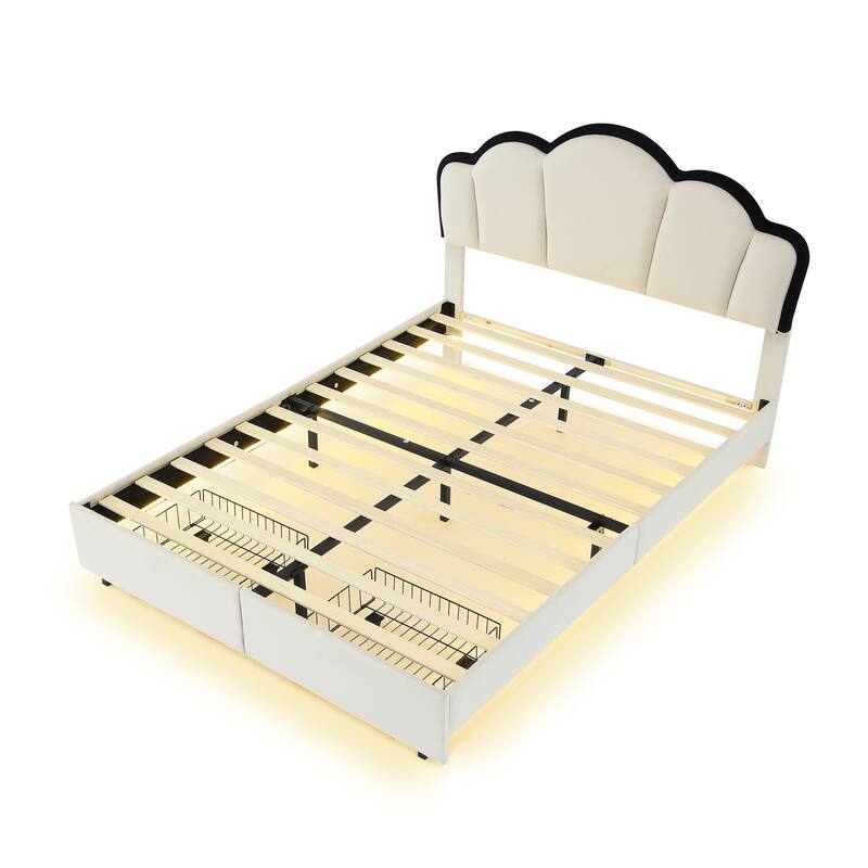 Full Size Upholstered Princess Platform Bed with LED Light Strips and 2 Storage Drawers, Modern Bed Frame with Headboard