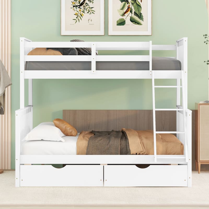Twin-Over-Full Bunk Bed with Ladders and Storage Drawers in White