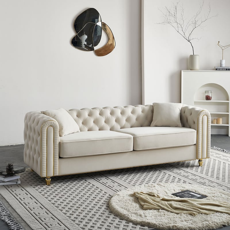86''Luxury Modern Tufted Sofa With 2pcs Of Toss Pillows For Living Room ,Bedroom,Beige Color