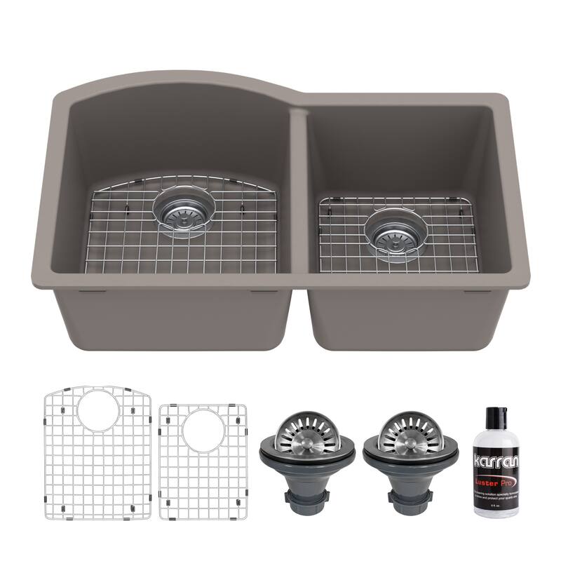 Karran Undermount Quartz 32 in. 60/40 Double Bowl Kitchen Sink Kit - Concrete