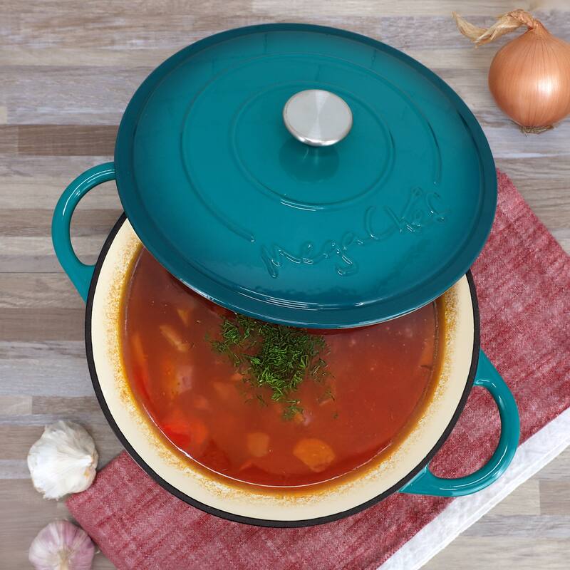 6.35 Quart Enameled Cast Iron Double Handle Dutch Oven Self Basting Lid in Sapphire Blue