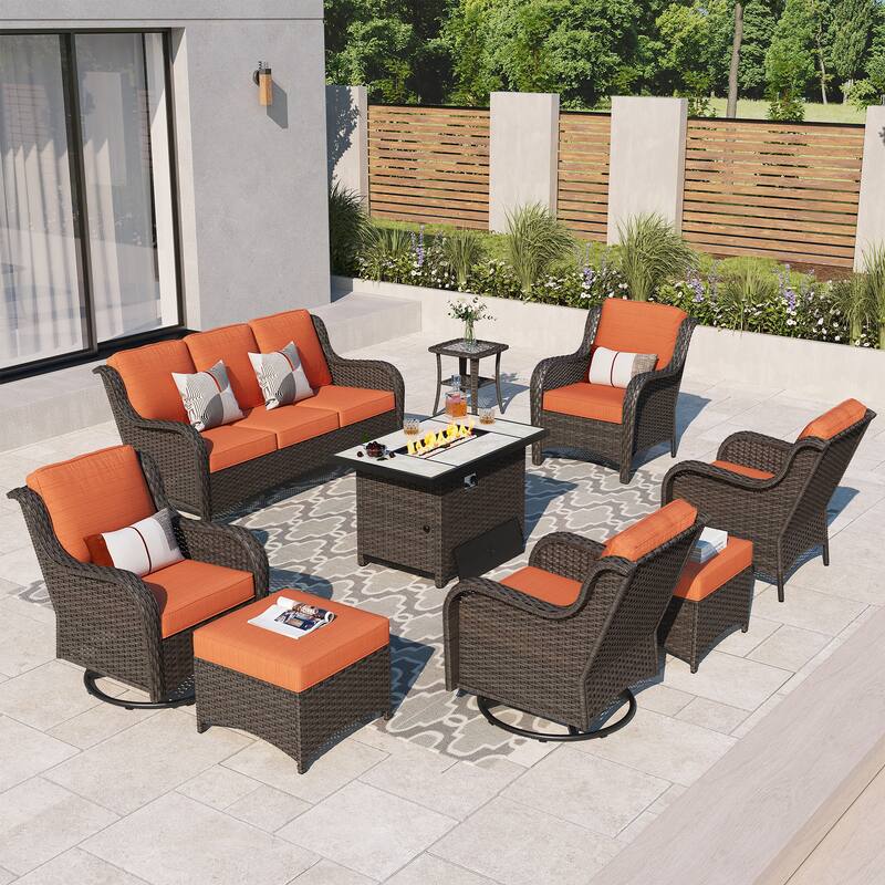 OVIOS 9-piece Patio Wicker Swivel Rocking Chair Set With Fire Pit - Orange/Red-Brown Wicker