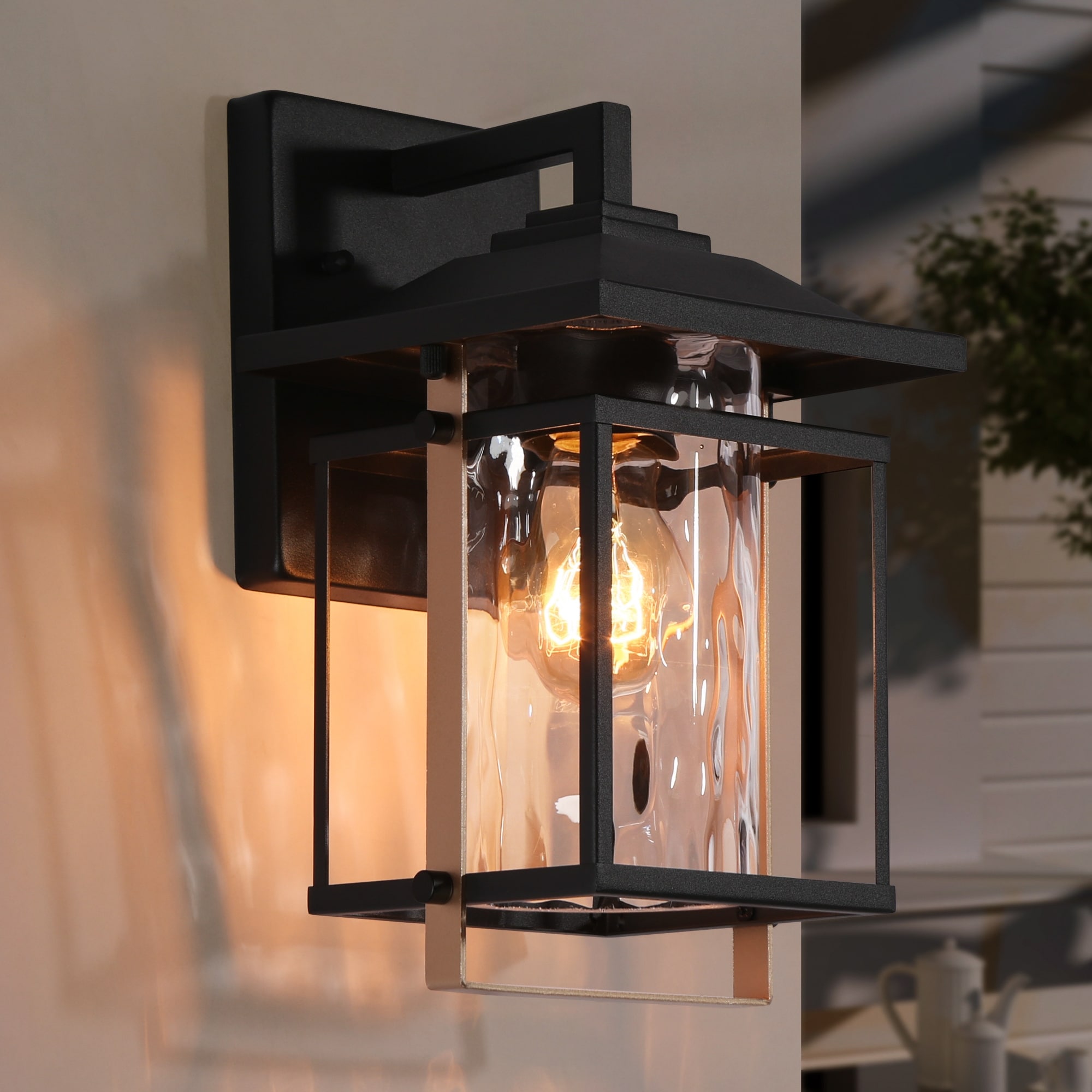 Elisie Modern Brushed Black Gold 1-Light Outdoor Wall Lantern Sconce Water Glass for Garage Porch Front Door