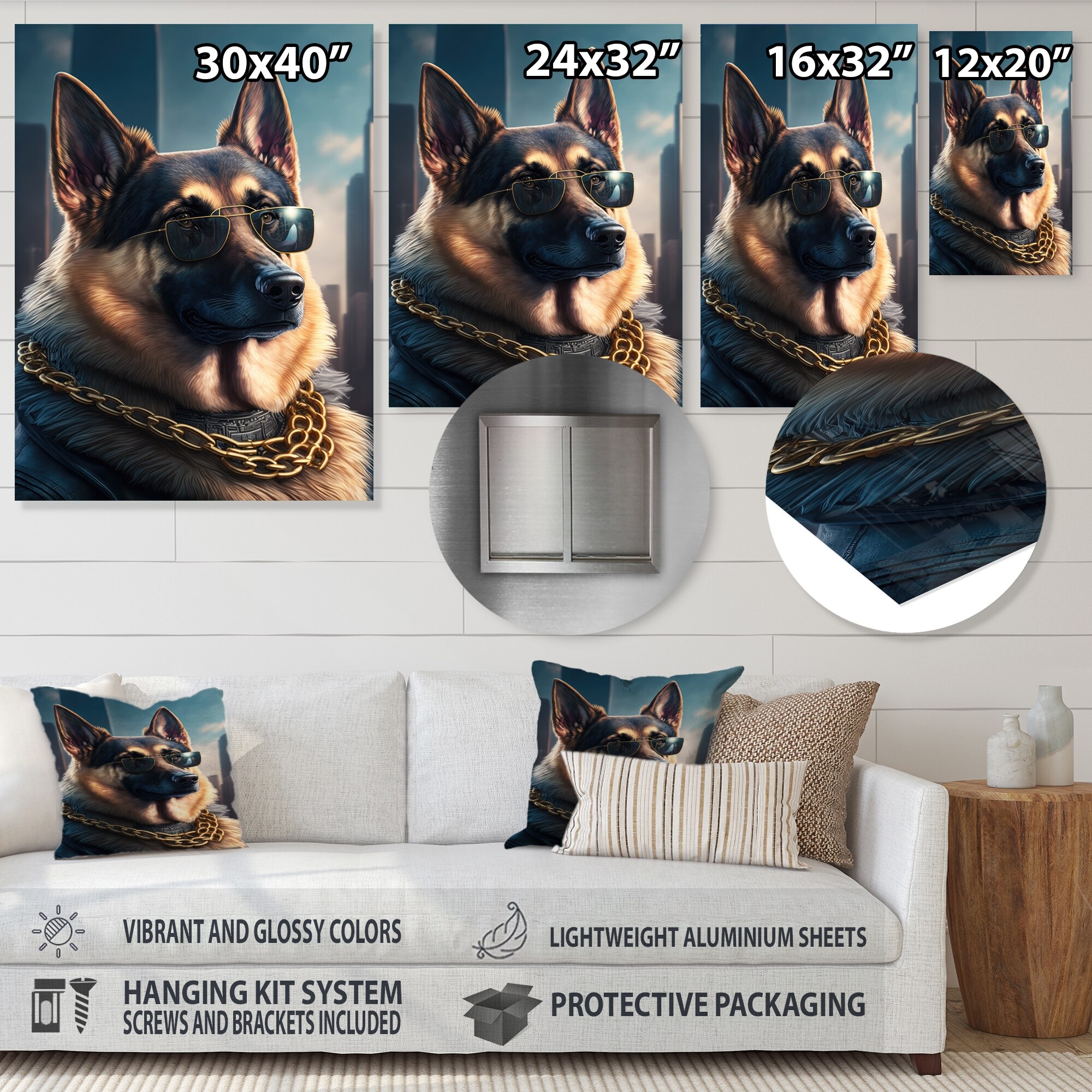 Designart German Shepherd Gangster In NYC I Metal Wall Art