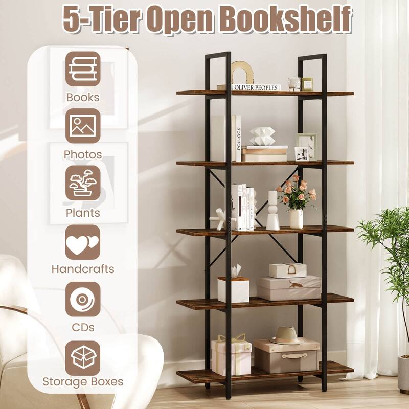 Costway 1/2 PCS 5-Tier Bookshelf 62" Tall Vintage Industrial Bookcase - Rustic Brown + Black