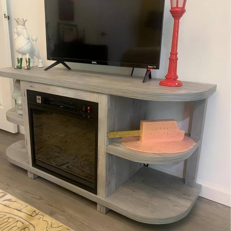 48" Modern Light Gray Fireplace TV Stands Console Table with Open Storage Shelves