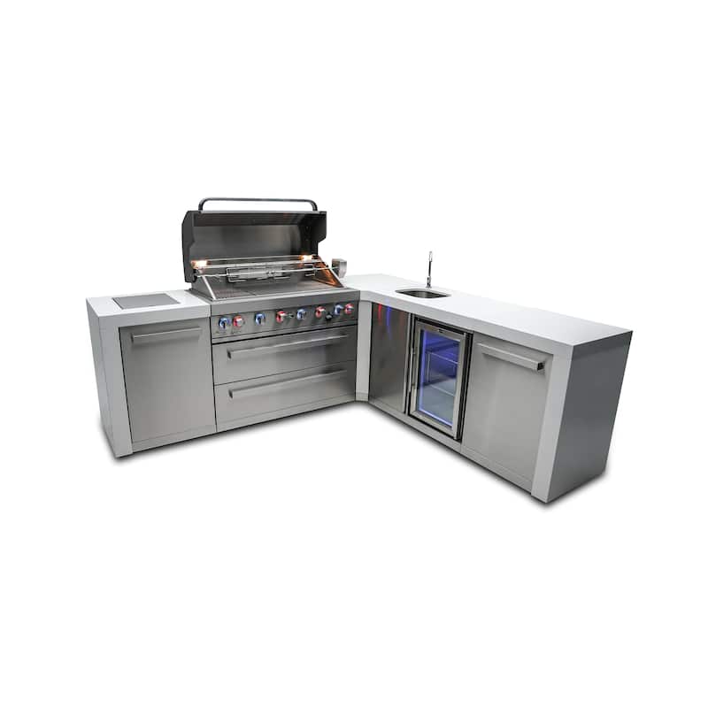 Mont Alpi MAi805-D90BEV 6-Burner L-Shaped 90° Corner Deluxe Stainless Steel Outdoor Kitchen Island Grill with Beverage Center