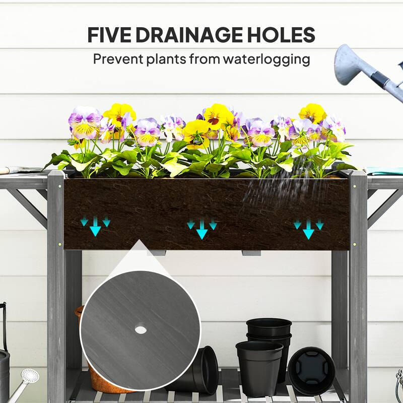 Raised Garden Bed with Storage Shelf and Foldable Ledges Fir Wood Planter for Indoor Outdoor Gardening