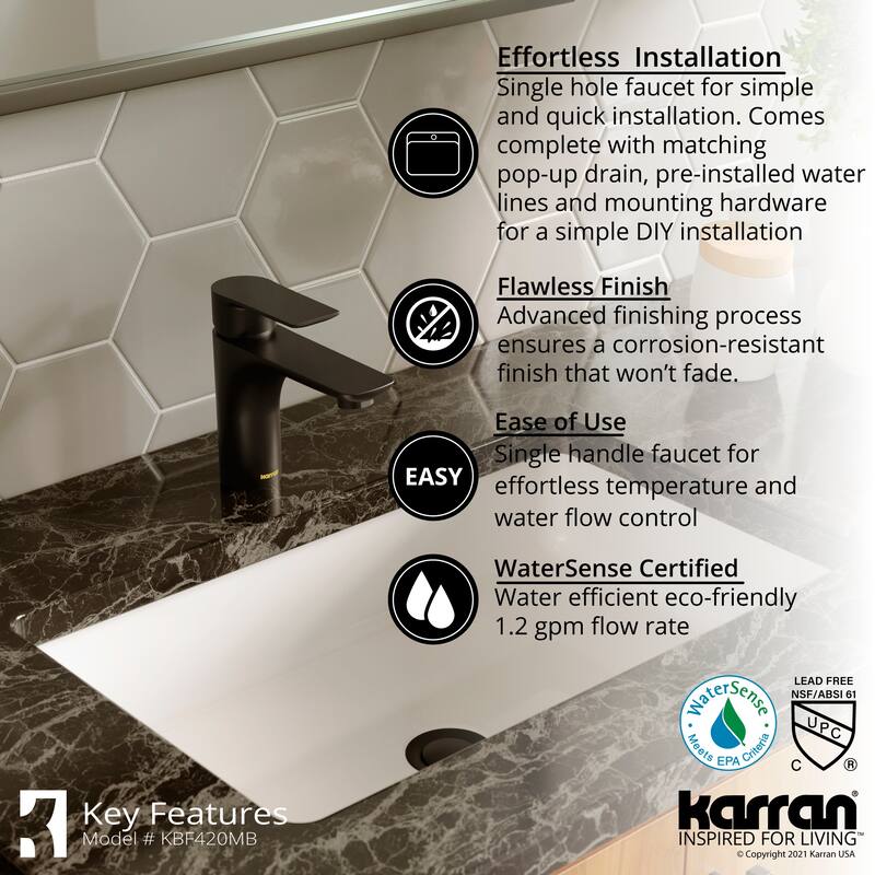 Karran Kayes single Hole Single Handle Basin Bathroom Faucet with Matching Pop-up Drain