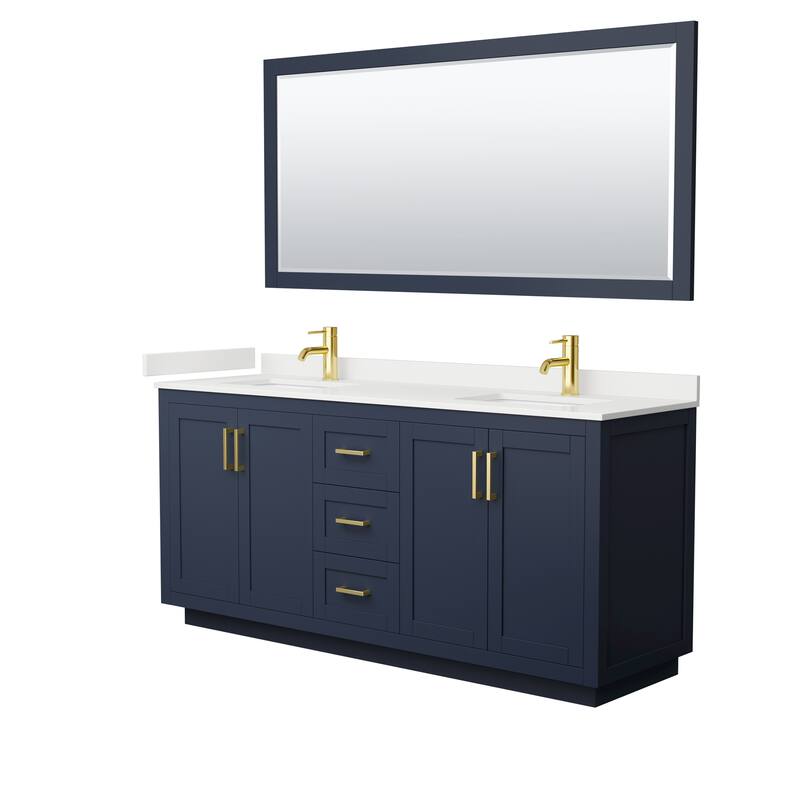 Miranda 72-inch Double Vanity, Quartz Top, 70-inch Mirror - Dark Blue, Gold Trim, White Quartz Top