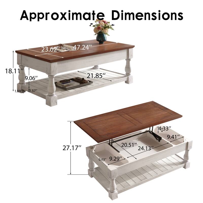 47" Farmhouse Lift Top Coffee Table with Fixed Shelf and 3 Hidden Storage