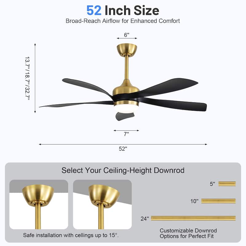 Sofucor 52"Smart,Ceiling Fans with Lights and Remote, Compatible with Alexa/Google/App, 3-Color Light 6-Speed Timing