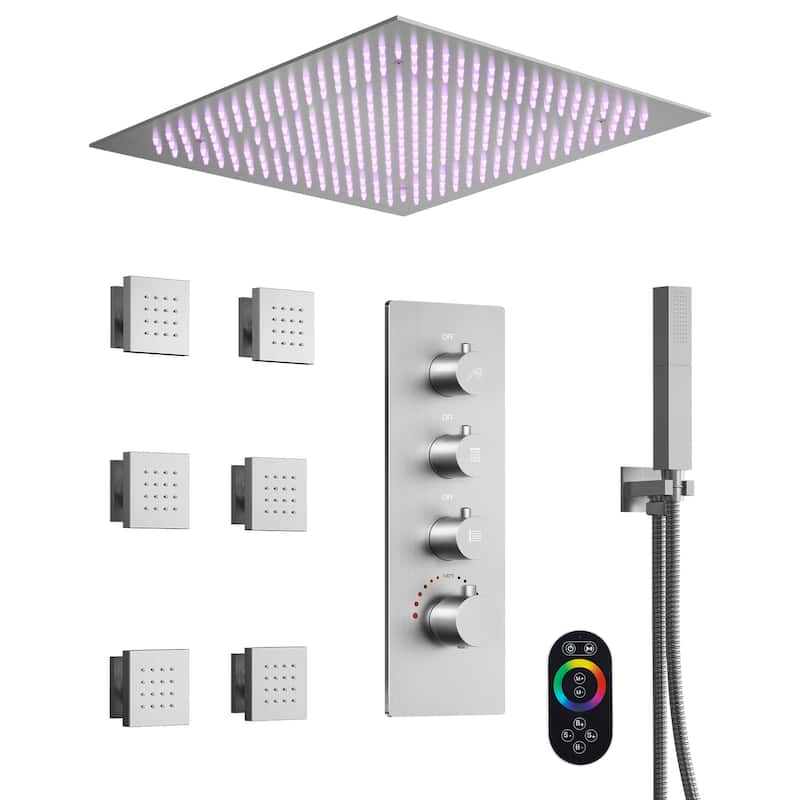GRANDJOY LUXURY Shower Faucet System 20" Ceiling Mount LED Rainfall Shower Faucet with 6 Body Jets Handheld Spray with Hose - Brushed Nickel