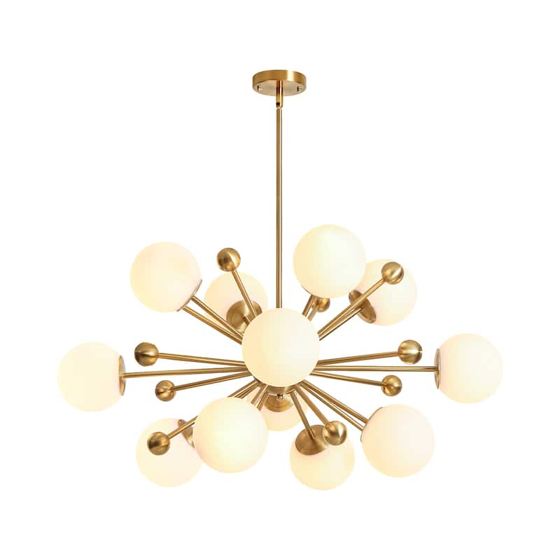 12-Light Modern Sputnik Brass Chandelier with Frosted Glass Globes for Living Room, Dining Room - 12 Light