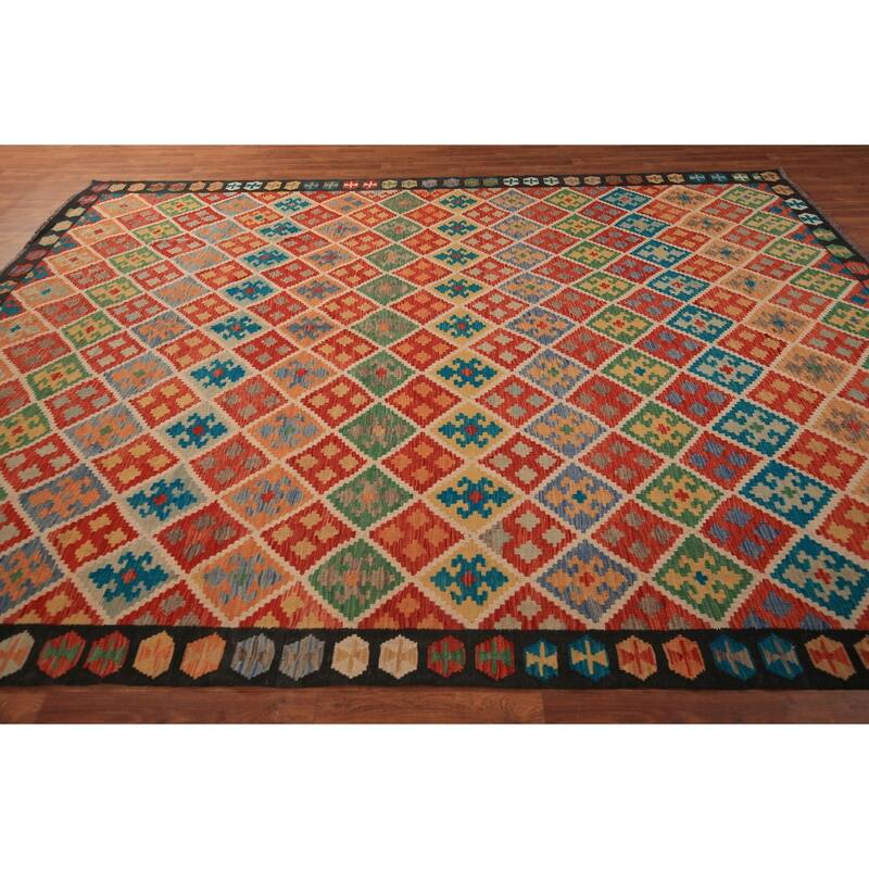 All-Over Trellis Kilim Area Rug Hand-Woven Wool Carpet - 8'9" x 11'4"