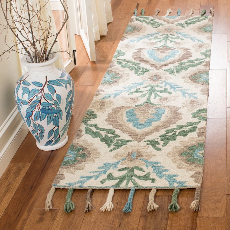 SAFAVIEH Handmade Suzani Buse Boho Tribal Wool Rug - 2'3" x 8' Runner - Ivory/Turquoise