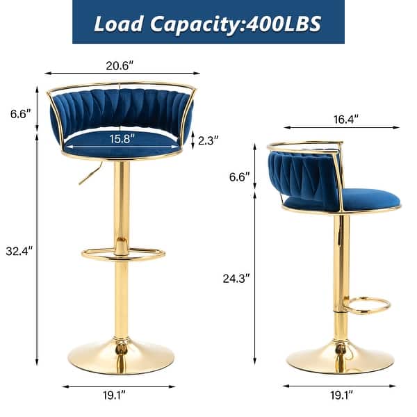 dimension image slide 23 of 24, Modern Velvet Adjustable Swivel Bar Stools Set of 2