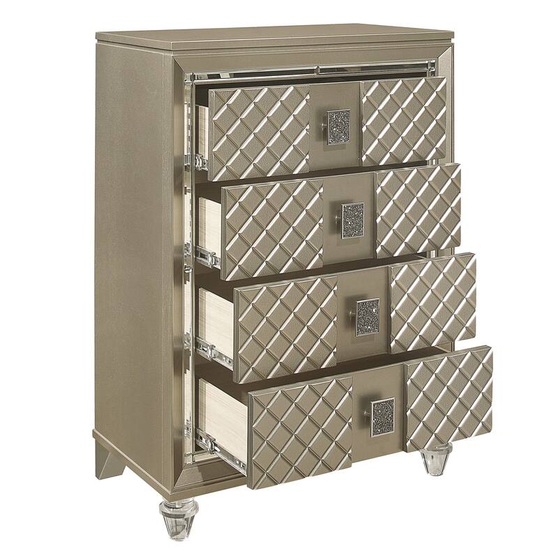Loy Tall Dresser Chest, 4 Drawers Champagne Gold Metallic, Mirror Trim
