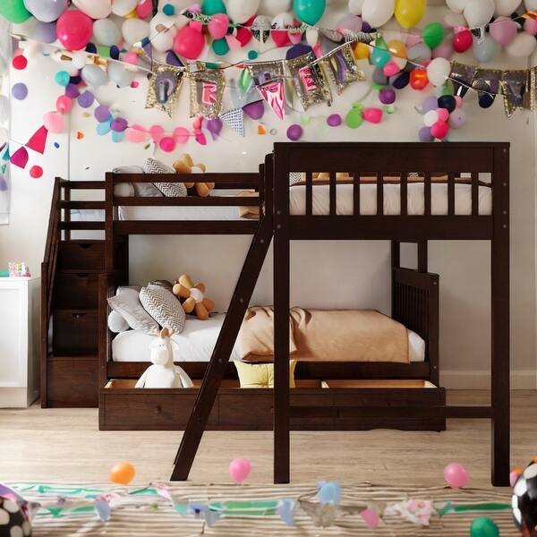 slide 2 of 46, 3 IN 1 Twin over Full L-Shaped Bunk Bed with Ladder, Staircase and 3 Drawers Espresso